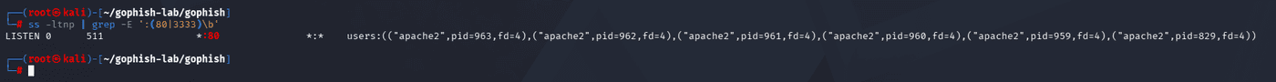 Terminal output showing Apache2 already listening on port 80, which blocks the GoPhish phishing server