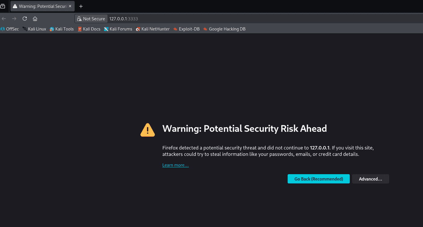Browser warning page shown because the GoPhish admin interface uses a self-signed TLS certificate