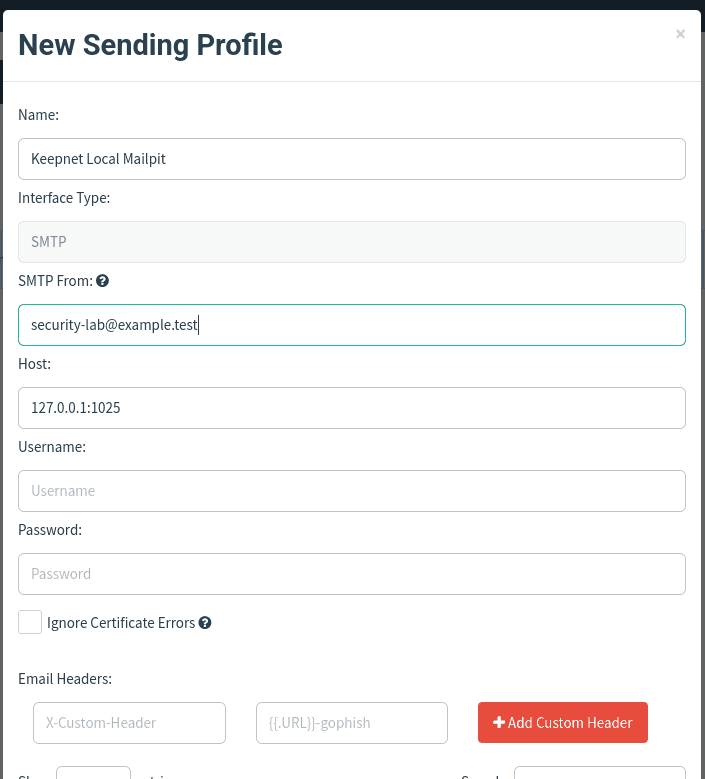 The GoPhish sending profile form configured for a local Mailpit SMTP server on 127.0.0.1:1025