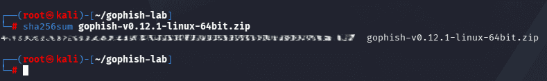 Terminal output of the sha256sum command showing the checksum of the downloaded GoPhish archive