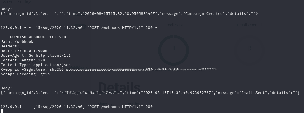 A local webhook receiver showing a JSON campaign event delivered by GoPhish