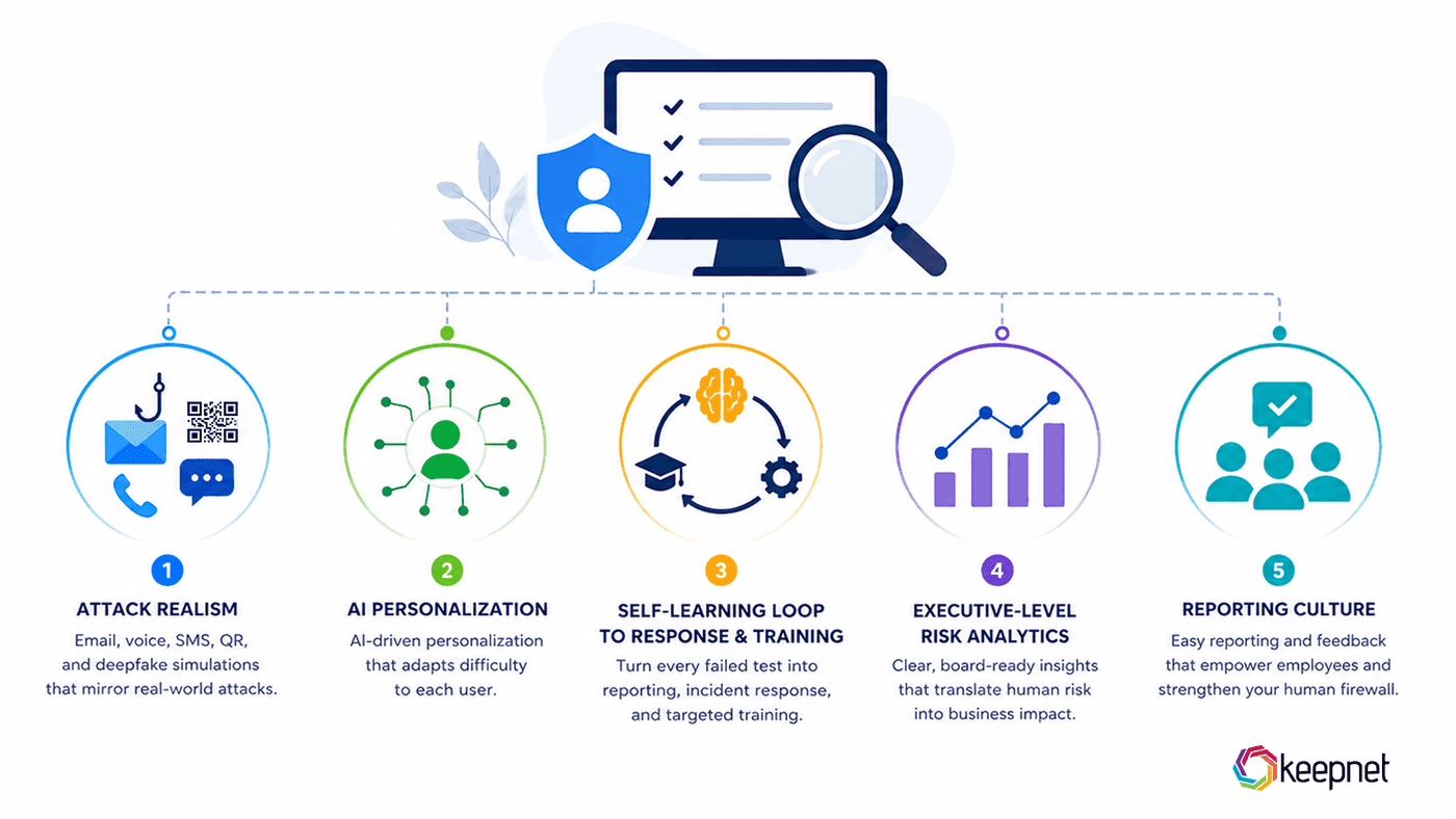Five criteria for choosing a phishing simulation tool in 2026: attack realism, AI personalization, self-learning response and training, executive-level risk analytics, and reporting culture