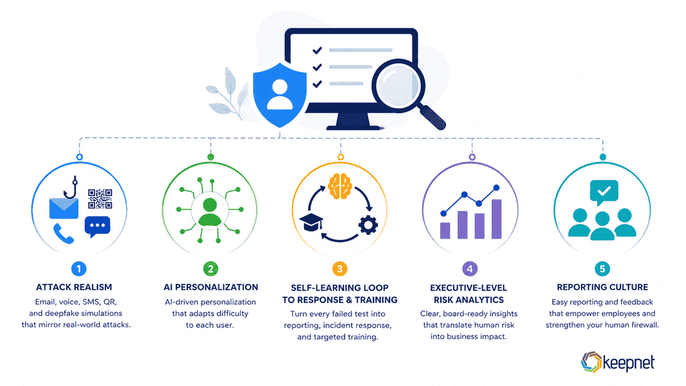 Five criteria for choosing a phishing simulation tool in 2026: attack realism, AI personalization, self-learning response and training, executive-level risk analytics, and reporting culture