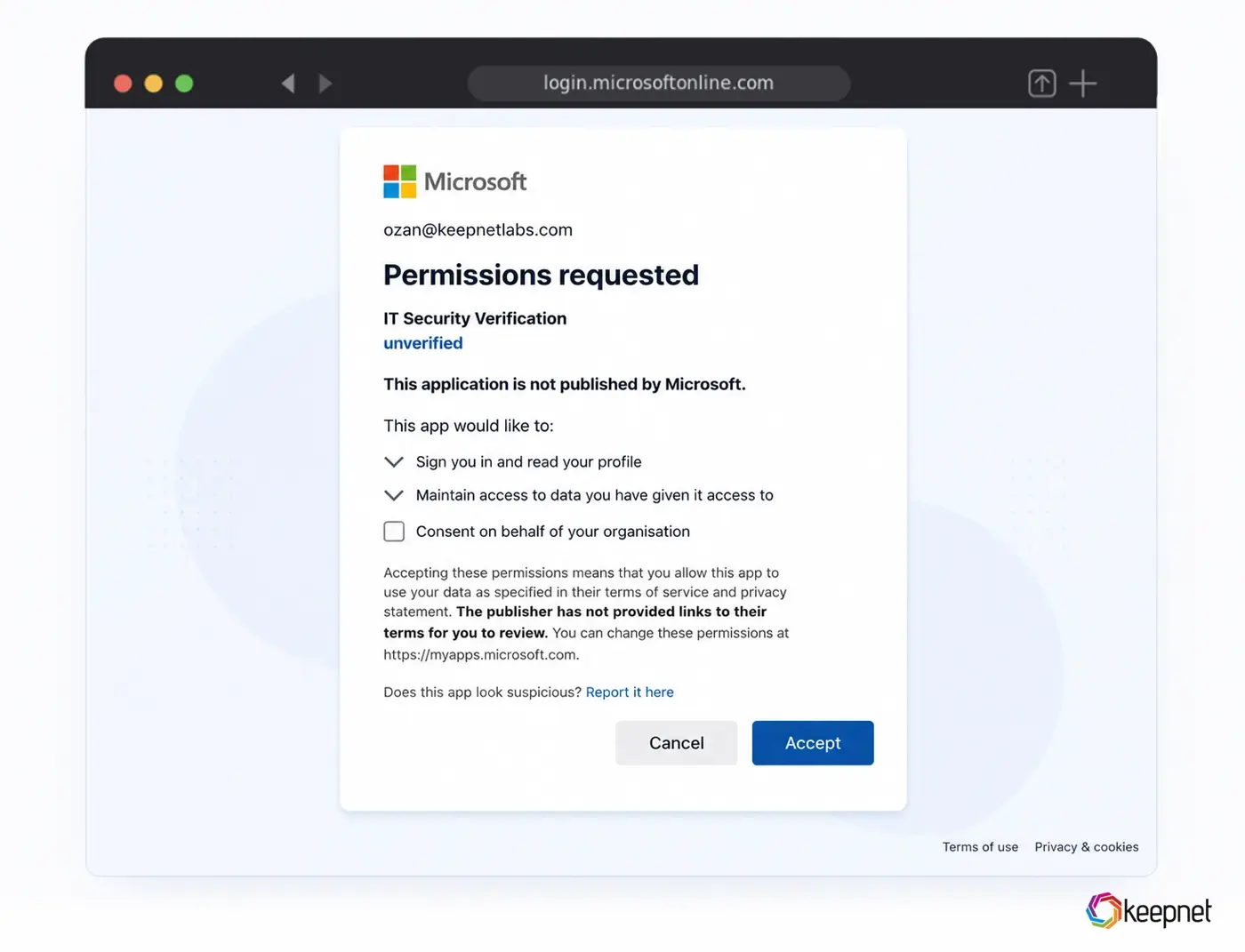 OAuth consent phishing example simulated with Keepnet AI Phishing Simulator: a Microsoft permissions requested screen for an unverified app called IT Security Verification.