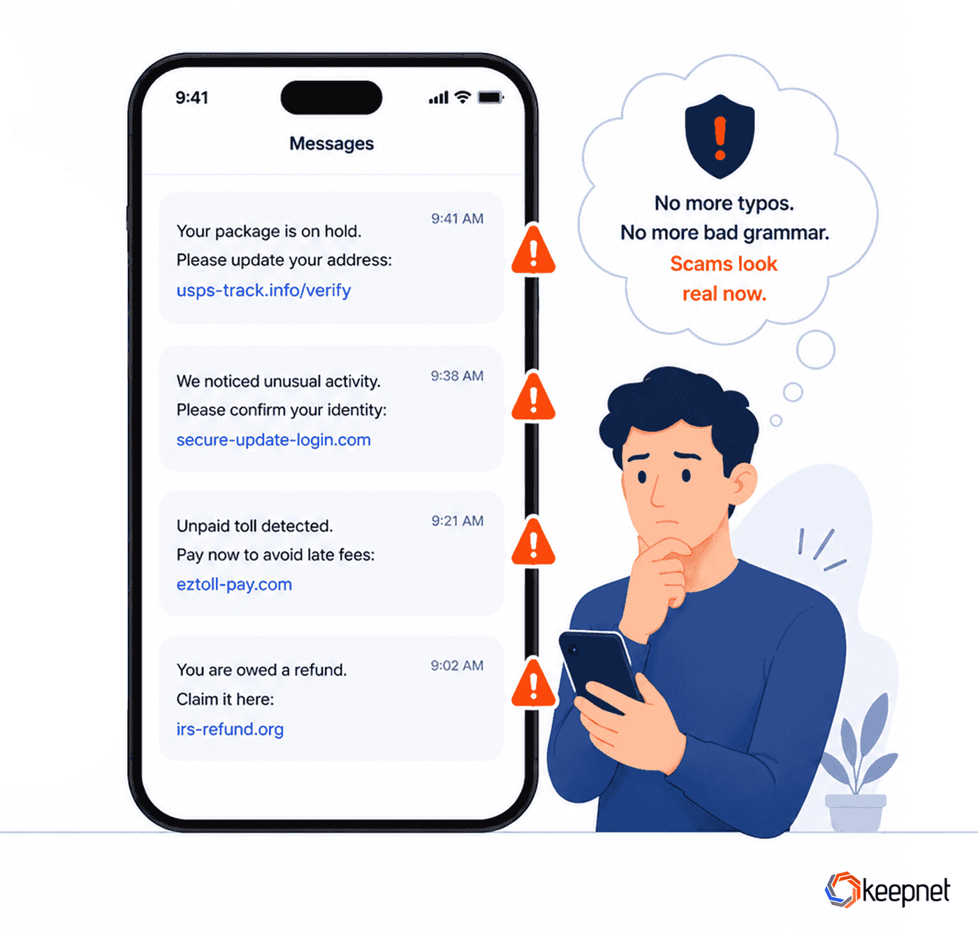 Four scam text messages on one phone screen: a parcel on hold notice, an unusual activity alert, an unpaid toll notice and a refund claim, each flagged with a warning marker.