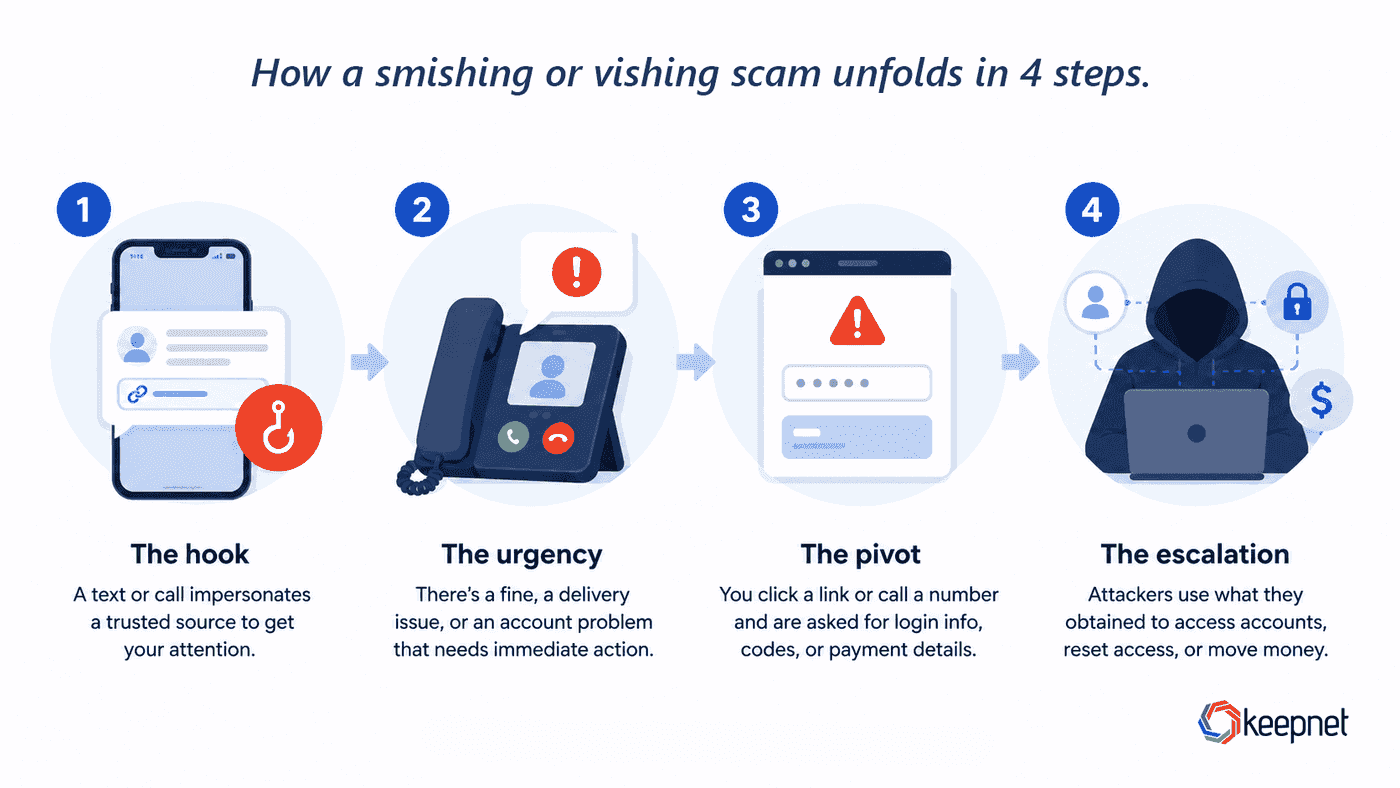 How a smishing or vishing scam unfolds in four steps, the hook, the urgency, the pivot and the escalation